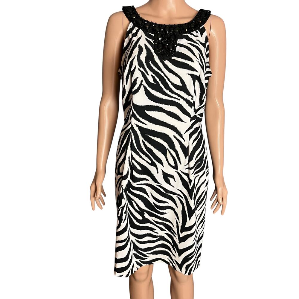 Connected Zebra Print Embellished Sleeveless Sheath Dress 10 Party Wedding Guest